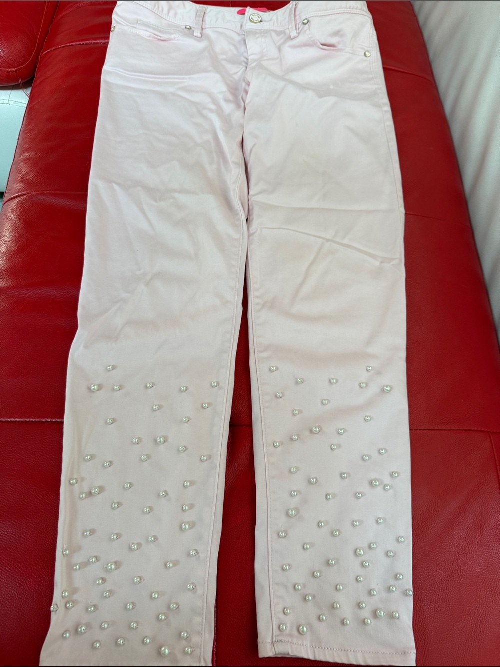 Lilly Pulitzer Light Pink Straight-Leg Jeans with Pearl Embellishment